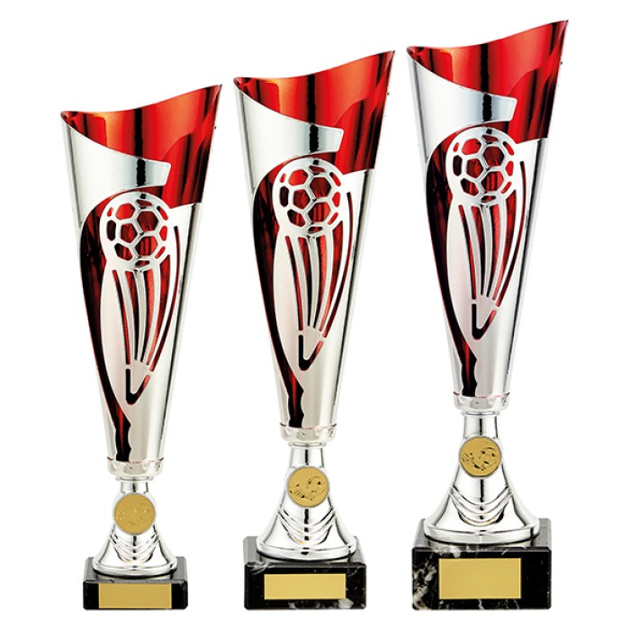 CHAMPIONS CUP RED / SILVER LASER CUT FOOTBALL METAL CUPS  - AVAILABLE IN 3 SIZES (32.5CM - 36CM)
